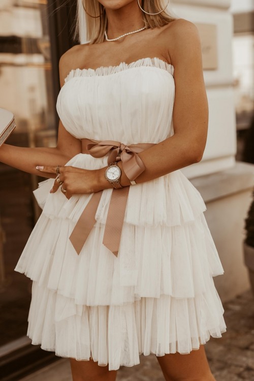 SUKIENKA Z FALBANAMI TIULOWA Z PASKIEM MINI CREAM 1