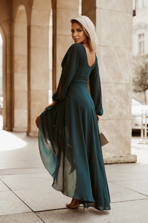 SUKIENKA SZYFONOWA VENEZIA MAXI Z ROZCIĘCIEM ZIELEŃ BUTELKOWA 3