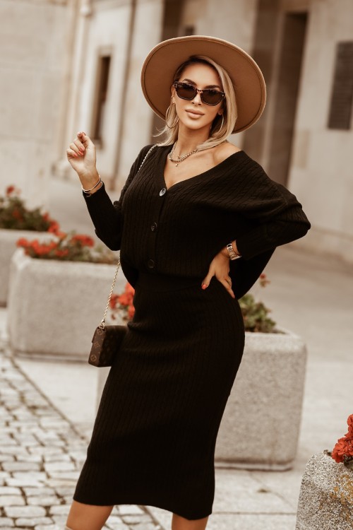 KOMPLET SWETERKOWY DUO SPÓDNICA MIDI + SWETEREK ROZPINANY CZARNY 4