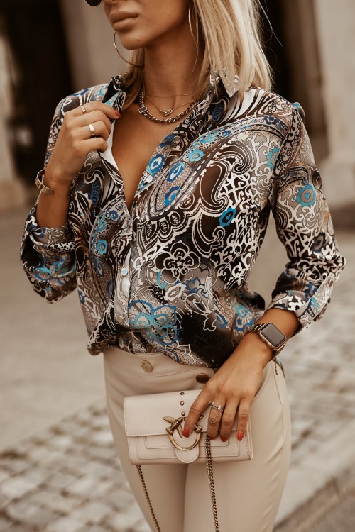 KOSZULA KLASYCZNA Z MOTYWEM ETNO SZARO-TURKUSOWA 1