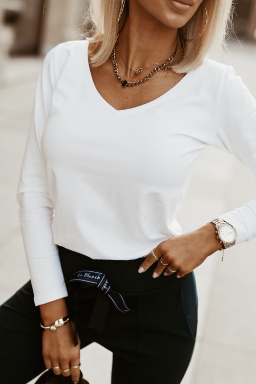 BLUZKA BAWEŁNIANA BASIC Z DŁUGIM RĘKAWEM V DEKOLT BIAŁA 1