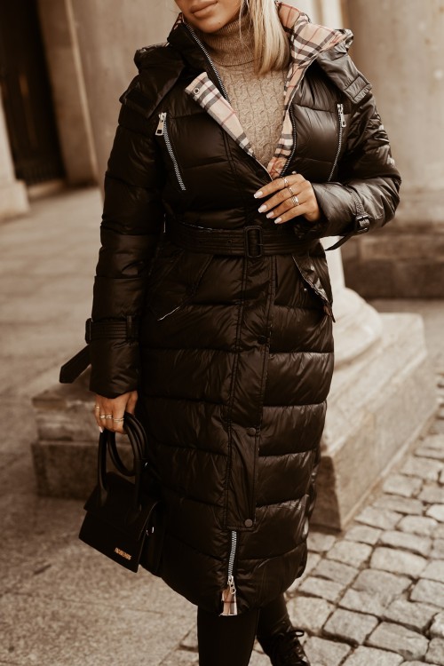 PŁASZCZ PIKOWANY Z ODPINANYM KAPTUREM Z PASKIEM W KOMPLECIE CZARNY 2