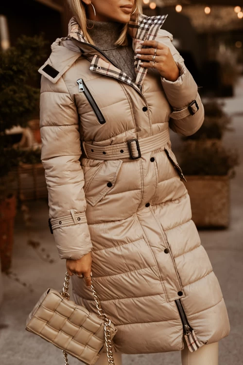 PŁASZCZ PIKOWANY Z ODPINANYM KAPTUREM Z PASKIEM W KOMPLECIE BEŻOWY 1