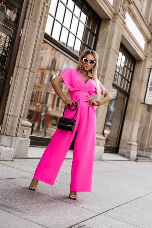 KOMBINEZON KISS Z KOPERTOWYM DEKOLTEM Z SZEROKIMI NOGAWKAMI NEONOWY RÓŻ 3