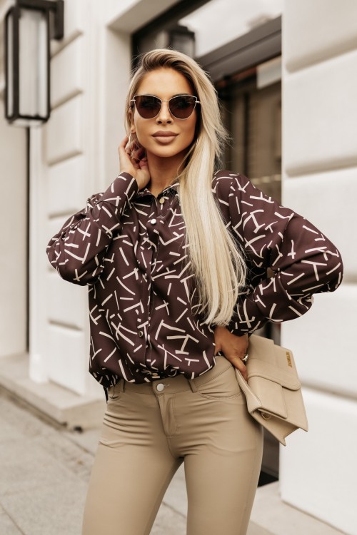 KOSZULA ZAPINANA NA GUZIKI Z MANKIETAMI BRĄZOWO-BEŻOWA 4