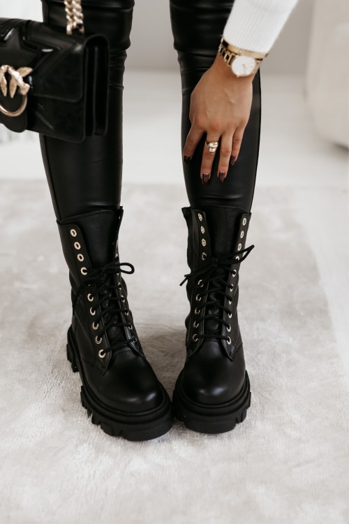 BOTKI SZNUROWANE NA WYSOKIEJ PODESZWIE ZE SKÓRY NATURALNEJ CZARNE 2