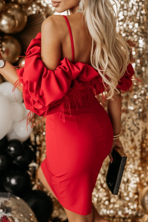 SUKIENKA HISZPANKA VALENCIA ZDOBIONA PIÓRAMI CZERWONA 3