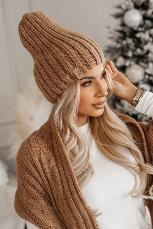 KOMPLET POLA Z WEŁNĄ CZAPKA + SZAL WARKOCZ KARMELOWY 2