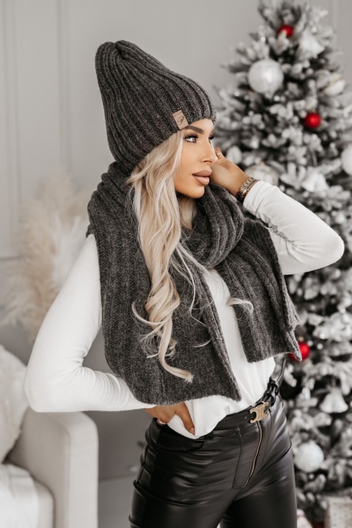 KOMPLET POLA Z WEŁNĄ CZAPKA + SZAL WARKOCZ CIEMNY SZARY 5