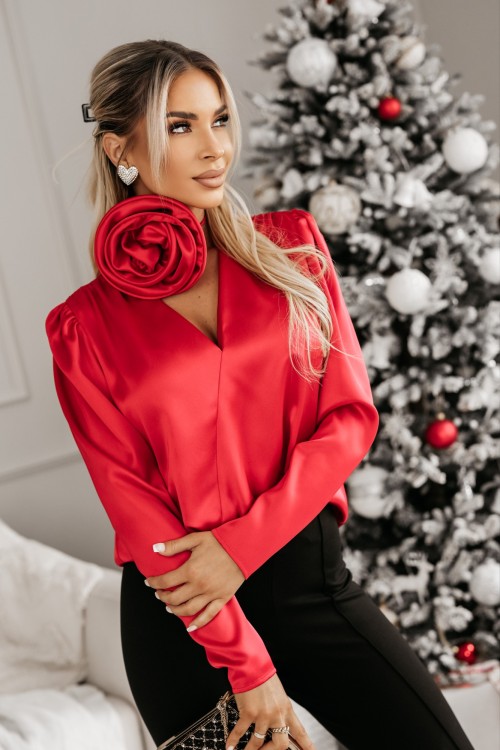 BLUZKA SATYNOWA EMO Z WIĄZANĄ OZDOBNĄ RÓŻĄ CZERWONA 5