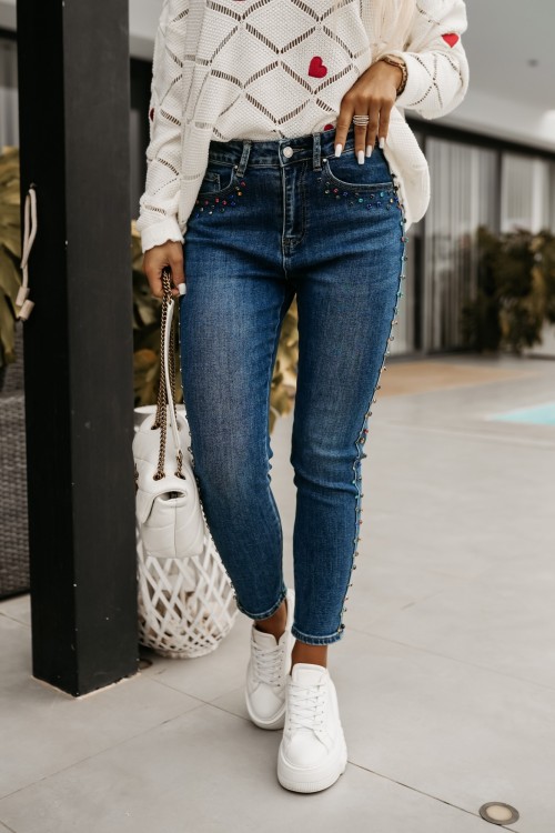 SPODNIE JEANSOWE ZDOBIONE CYRKONIAMI NA NOGAWKACH CIEMNY JEANS 4