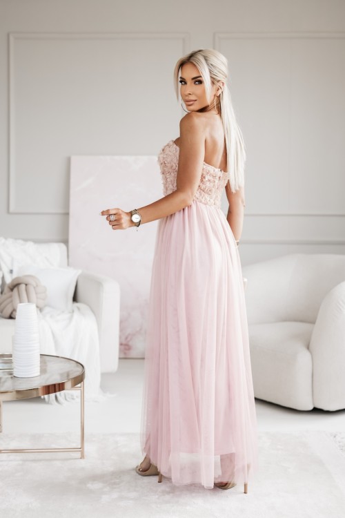 SUKIENKA MAXI TIULOWA ROSALIE Z OZDOBNĄ GÓRĄ Z PŁATKÓW KWIATÓW BEŻOWA 2