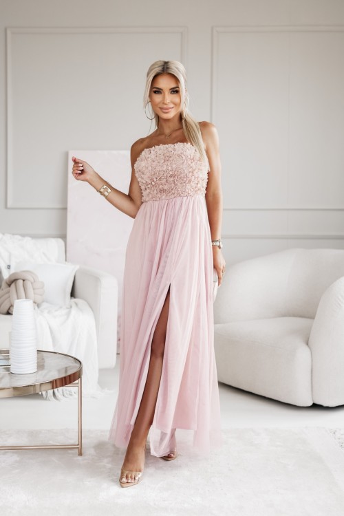 SUKIENKA MAXI TIULOWA ROSALIE Z OZDOBNĄ GÓRĄ Z PŁATKÓW KWIATÓW BEŻOWA 4