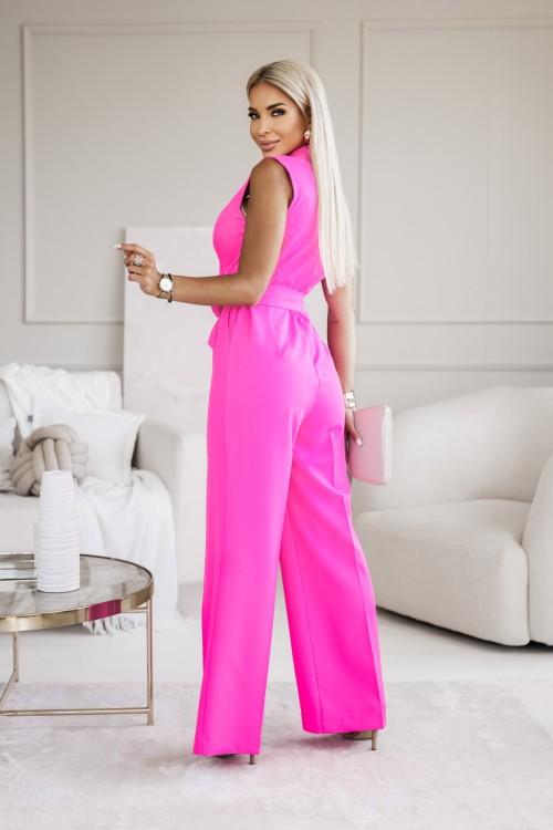 KOMBINEZON ELEGANCKI JANETT WIĄZANY W PASIE Z KOPERTOWYM DEKOLTEM MOCNY RÓŻ 2