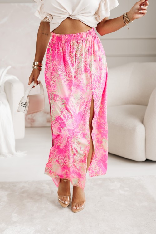 SPÓDNICA MAXI NA GUMĘ Z DWOMA ROZCIĘCIAMI RÓŻOWO-LIMONKOWA 4