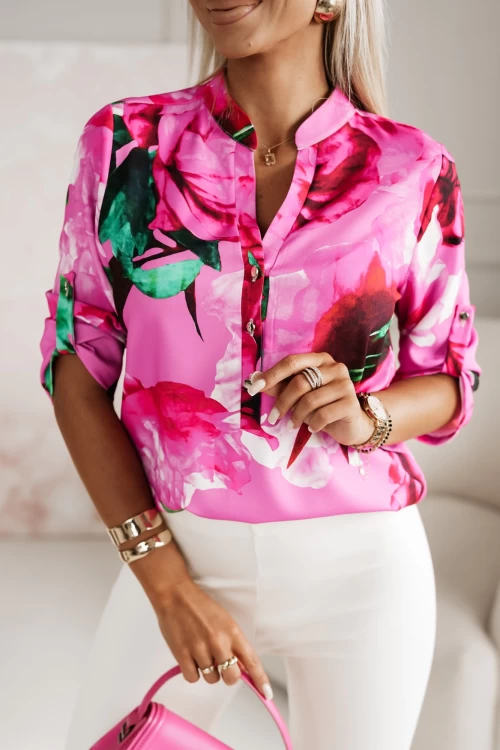 KOSZULA NA STÓJCE SEVILLA RÓŻOWO-MALINOWA W KWIATY 1