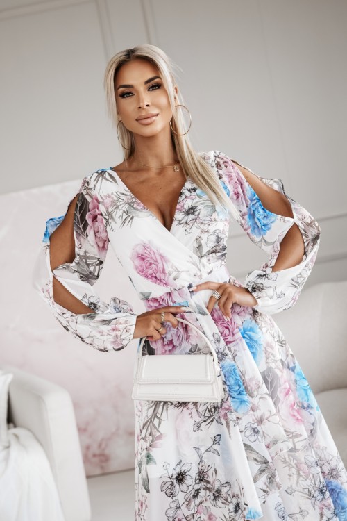 SUKIENKA SZYFONOWA VENEZIA MAXI Z ROZCIĘCIEM BIAŁO-NIEBIESKA W KWIATY 5