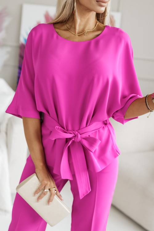 KOMPLET MERCEDES BLUZKA WIĄZANA W TALII + SPODNIE AMARANTOWY 1