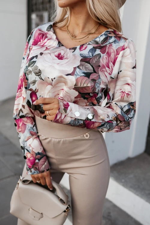 BLUZKA KOSZULOWA RITZ Z ELEGANCKIMI MANKIETAMI BEŻOWA W KWIATY 1