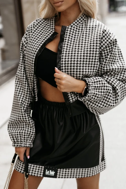 KURTKA BOMBERKA LA NOIR WEŁNIANA ZE WSTAWKĄ Z EKO SKÓRY PEPITKA 1