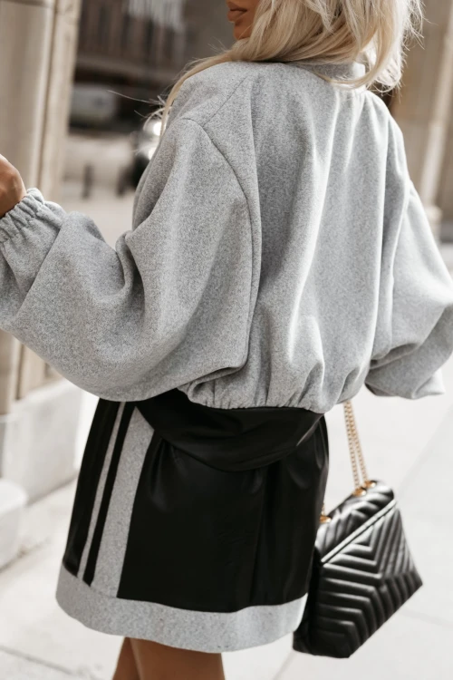 KURTKA BOMBERKA LA NOIR WEŁNIANA ZE WSTAWKĄ Z EKO SKÓRY SZARA 2