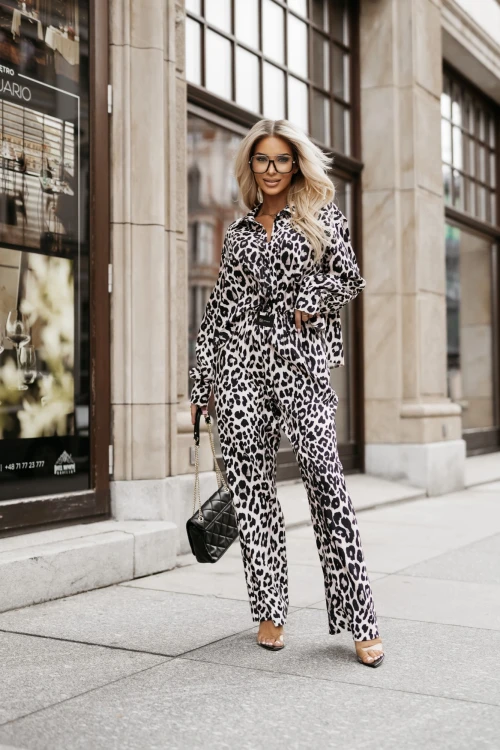 KOMPLET KEANU SPODNIE Z WYSOKIM STANEM + KOSZULA W PANTERĘ BEŻOWO-CZARNY 3