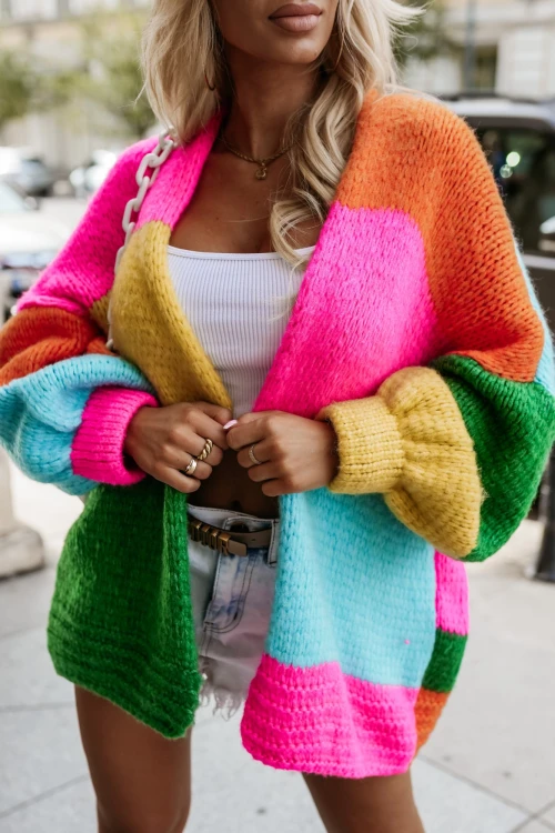 SWETER KARDIGAN Z WEŁNĄ MULTIKOLOROWY POMARAŃCZOWO-ZIELONY 3