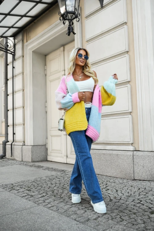 SWETER KARDIGAN Z WEŁNĄ MULTIKOLOROWY MIĘTOWO-RÓŻOWY 2