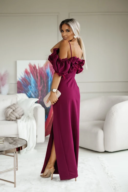 SUKIENKA MAXI DIANA ZDOBIONA PIÓRAMI BORDOWA 1