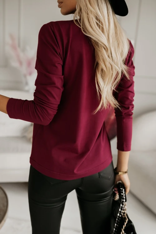 BLUZKA BAWEŁNIANA BASIC Z DŁUGIM RĘKAWEM Z OKRĄGŁYM DEKOLTEM BURDGUNOWA 2
