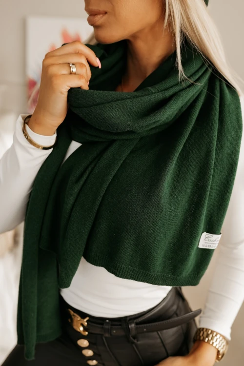 KOMPLET CASHMEERE Z WEŁNY I KASZMIRU SZAL + CZAPKA ZIELEŃ BUTELKOWA 3