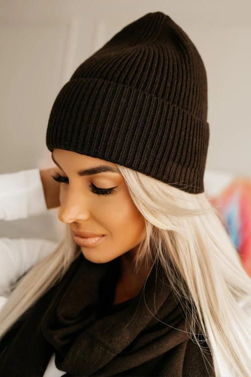 KOMPLET CASHMEERE Z WEŁNY I KASZMIRU SZAL + CZAPKA CZEKOLADOWY 3