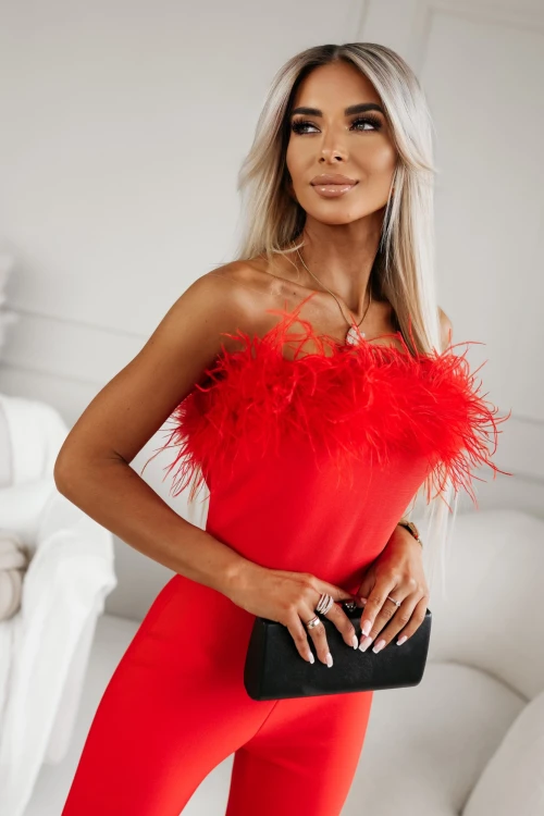 KOMBINEZON BANDAŻOWY DENNIS ZDOBIONY PIÓRAMI CZERWONY 3