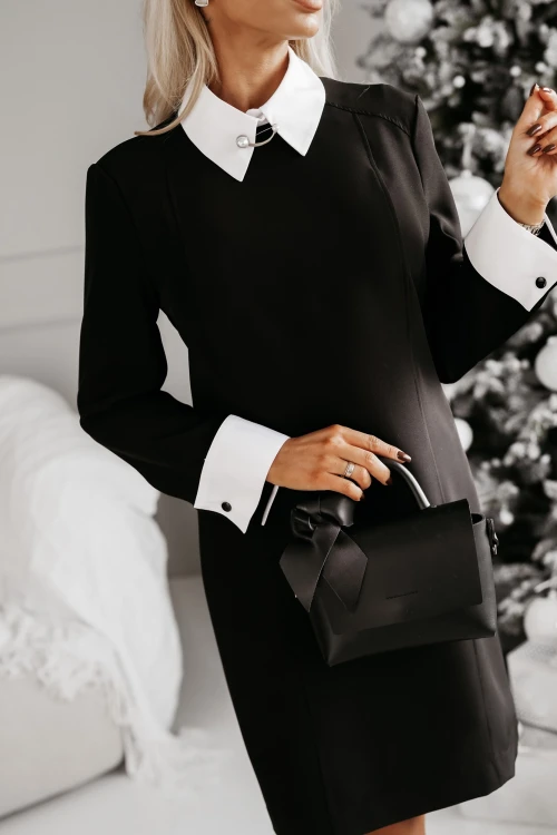 SUKIENKA VANESA MINI Z OZDOBNĄ BROSZKĄ W KOMPLECIE Z BIAŁYM KOŁNIERZYKIEM I MANKIETAMI CZARNA 1