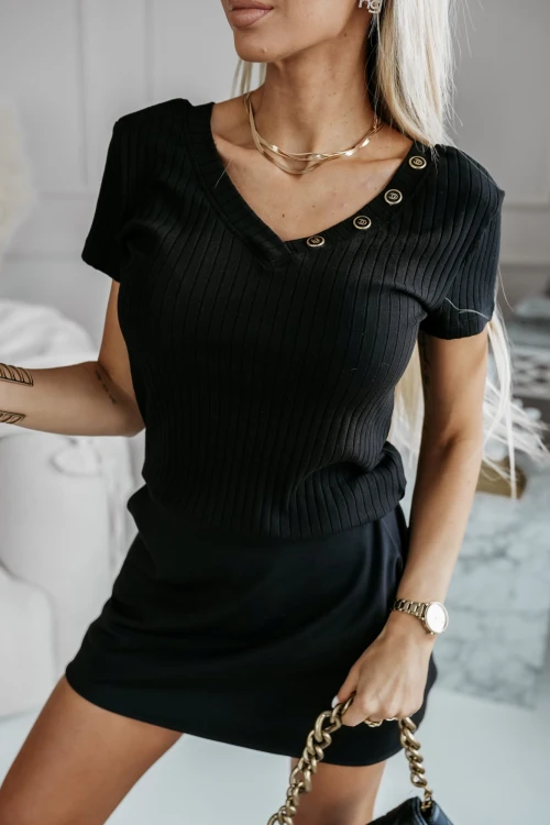 BLUZKA COCA Z PRĄŻKOWANEGO MATERIAŁU ZDOBIONA GUZIKAMI NA DEKOLCIE CZARNA 1