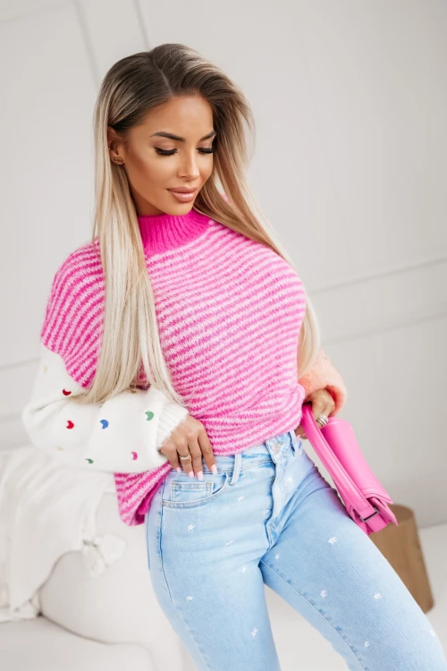 SWETER Z WEŁNĄ CHARLIZE MULTIKOLOROWY W SERDUSZKA RÓŻOWO-MALINOWY 4