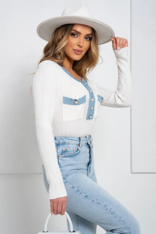 BLUZKA GINGER Z ŁĄCZONYCH MATERIAŁÓW BIAŁA/JEANS 2