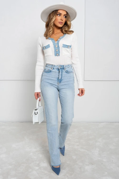 BLUZKA GINGER Z ŁĄCZONYCH MATERIAŁÓW BIAŁA/JEANS 4