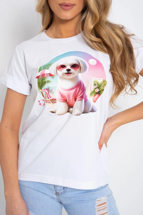 T-SHIRT BAWEŁNIANY Z PIESKIEM BIAŁY 1