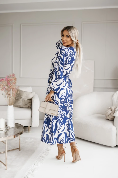 SUKIENKA MIDI KLARA Z KOPERTOWYM DEKOLTEM WIĄZANA W TALII GRANATOWO-BEŻOWA 2