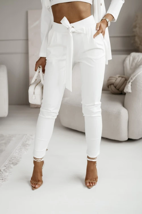 SPODNIE MATERIAŁOWE INEZ WIĄZANE W PASIE ECRU 4