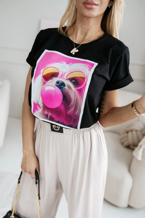 T-SHIRT BAWEŁNIANY Z NADRUKIEM PIESEK W OKULARACH CZARNY 1