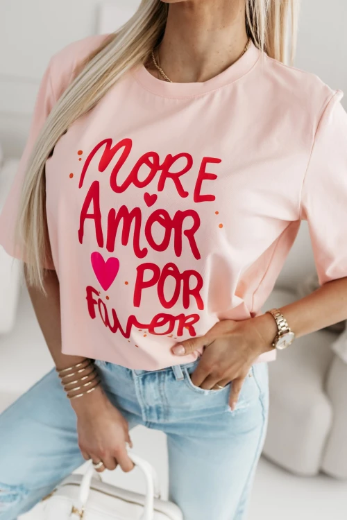 T-SHIRT BAWEŁNIANY Z NAPISEM MORE AMOR POR FAVOR MORELOWY 1