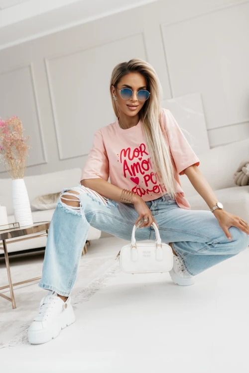 T-SHIRT BAWEŁNIANY Z NAPISEM MORE AMOR POR FAVOR MORELOWY 3