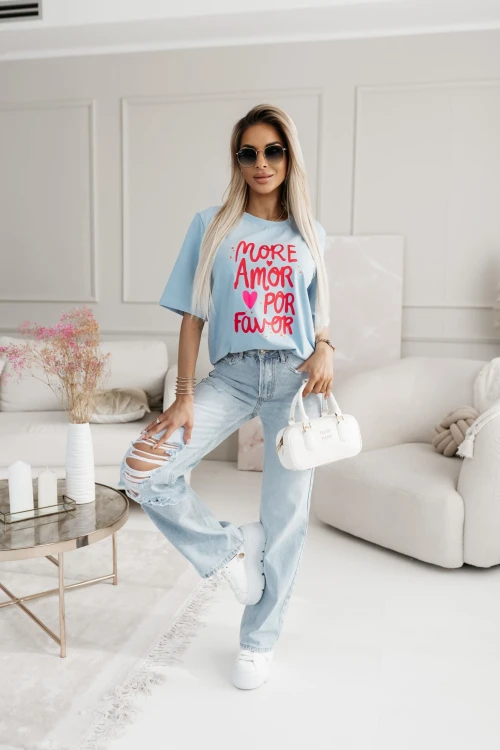 T-SHIRT BAWEŁNIANY Z NAPISEM MORE AMOR POR FAVOR NIEBIESKI 3