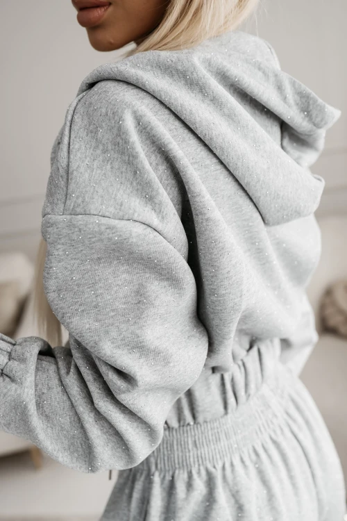 KOMPLET DRESOWY JERONIMO BAWEŁNIANY ZDOBIONY CYRKONIAMI BLUZA Z KAPTUREM+SPODNIE SZARY 2