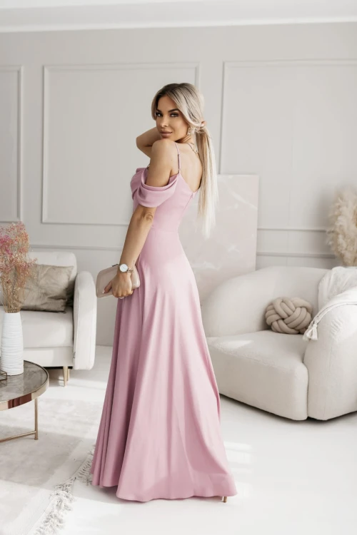 SUKIENKA BROKATOWA AURORA MAXI HISZPANKA Z ROZCIĘCIEM NA NODZE BRUDNY RÓŻ 2