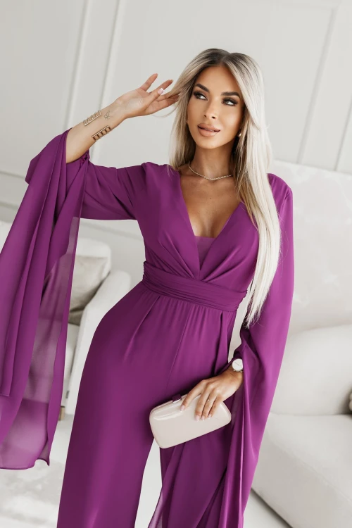 KOMBINEZON SZYFONOWY ALEXIS Z EFEKTOWNYMI SZARFAMI JAGODOWY 5