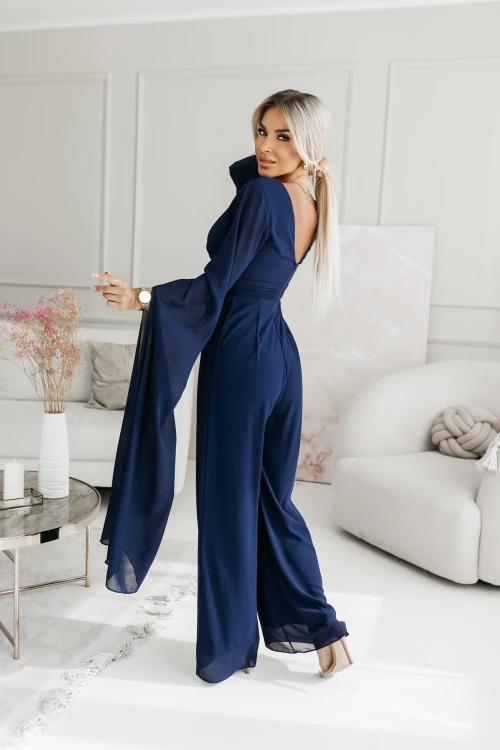 KOMBINEZON SZYFONOWY ALEXIS Z EFEKTOWNYMI SZARFAMI GRANATOWY 2