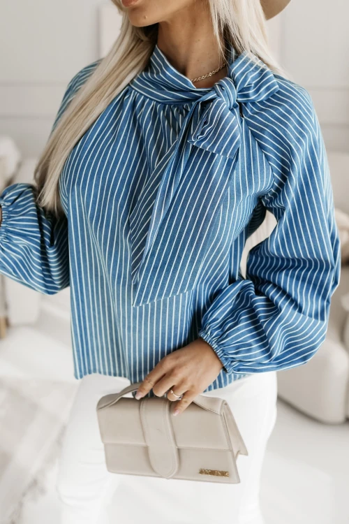 BLUZKA KOSZULOWA ANABEL W PASKI Z WIĄZANĄ KOKARDĄ NIEBIESKO-BIAŁE 1